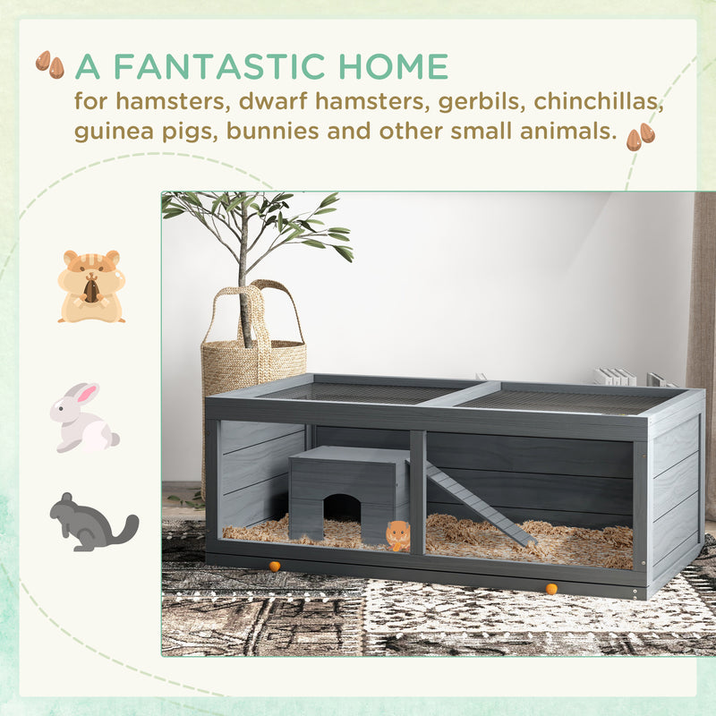 Grey Wooden Hamster Cage with Sliding Tray and Openable Top for Syrian Hamsters by PawHut