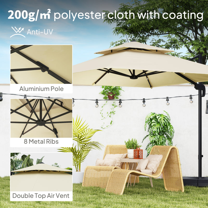 Khaki 2.7m Cantilever Parasol With Aluminium Frame Crank Tilt and Base by Outsunny