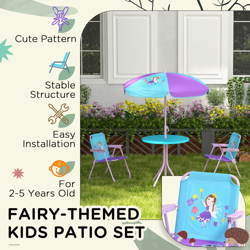 Kids Garden Picnic Table Set with Adjustable Parasol and Foldable Chairs Fairy Design, Pink