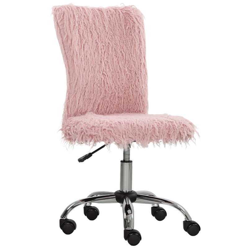 Plush Armless Swivel Office Chair with Adjustable Height for Home or Vanity Use, Pink