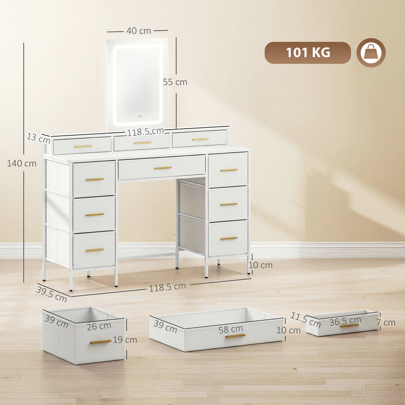 Dressing Table with LED Mirror and Ten Drawers for Organised Bedroom Storage White AOSOM