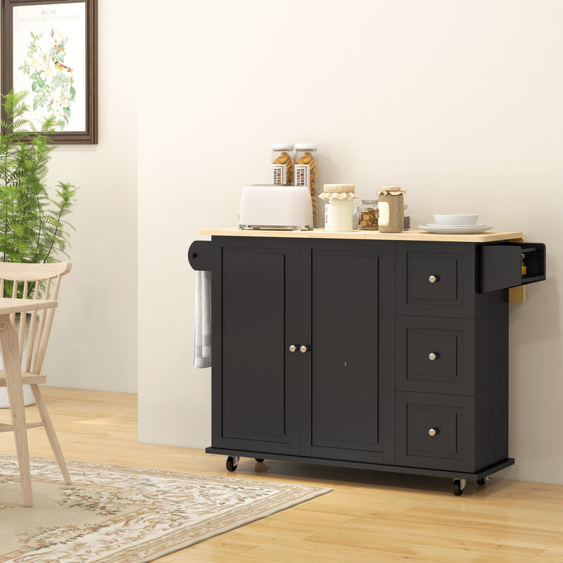 Kitchen Island with Drop-Leaf Tabletop and Storage Drawers for Extra Prep Space Black