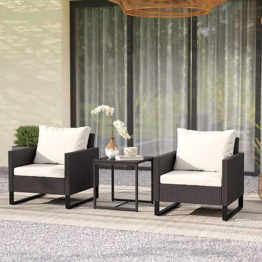 3 Piece Rattan Bistro Set with Cushions Wicker Garden Furniture with Coffee Table Brown by Outsunny