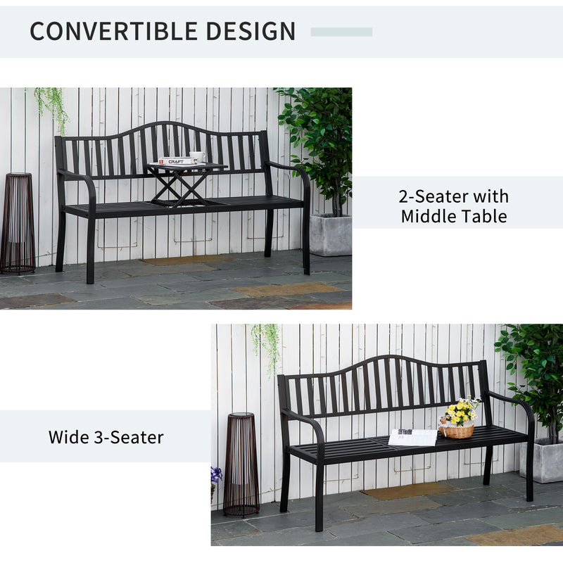 Outdoor Metal Bench with Pull-Out Centre Table for Garden or Patio Seating Black Outsunny
