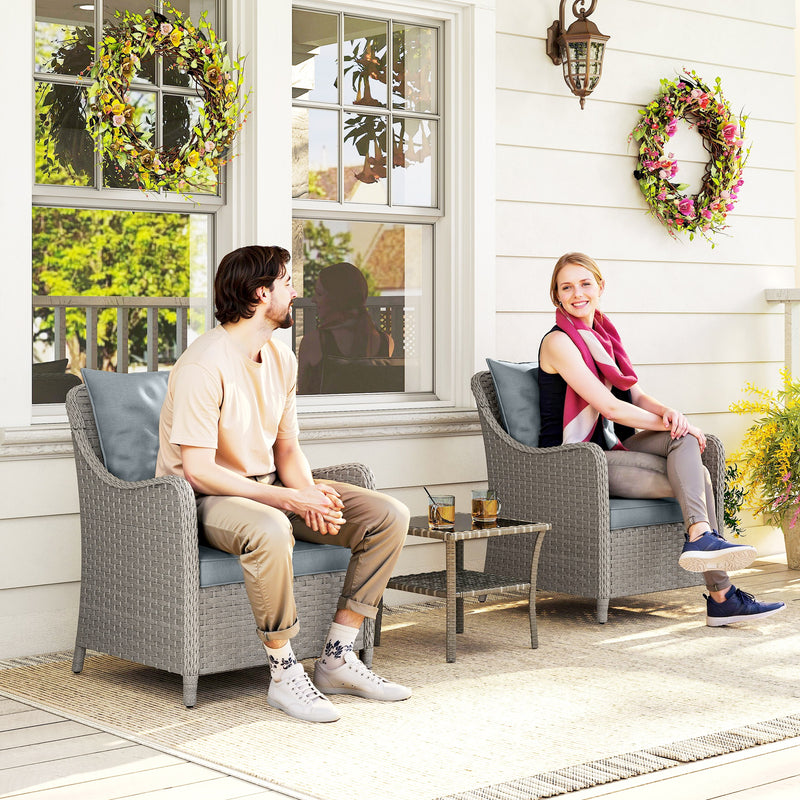 Set of 2 Rattan Garden Chairs with Cushions and High Back for Patio or Balcony, Light Grey