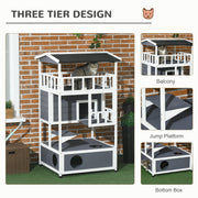3 Tier Outdoor Wooden Cat House With Terrace And Sheltered Base For Winter, Grey