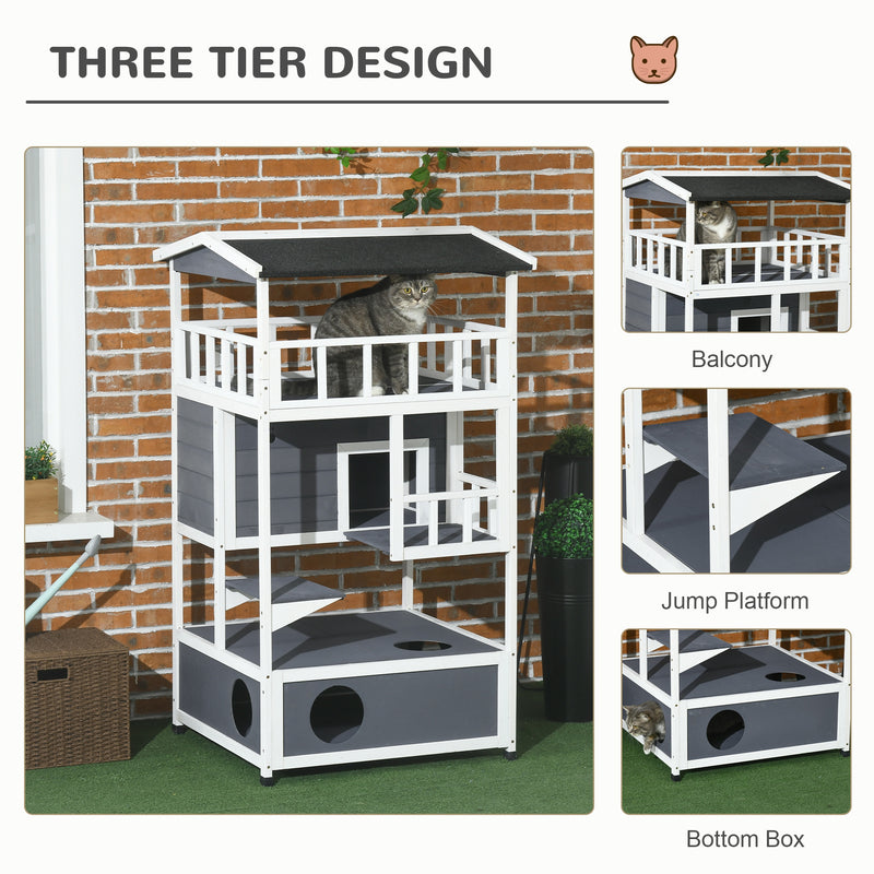 3 Tier Outdoor Wooden Cat House With Terrace And Sheltered Base For Winter, Grey