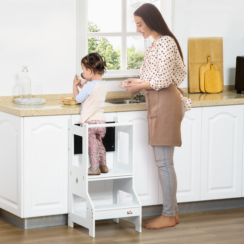 2 in 1 Toddler Kitchen Step Stool with Safety Rail and Chalkboard for Learning, White