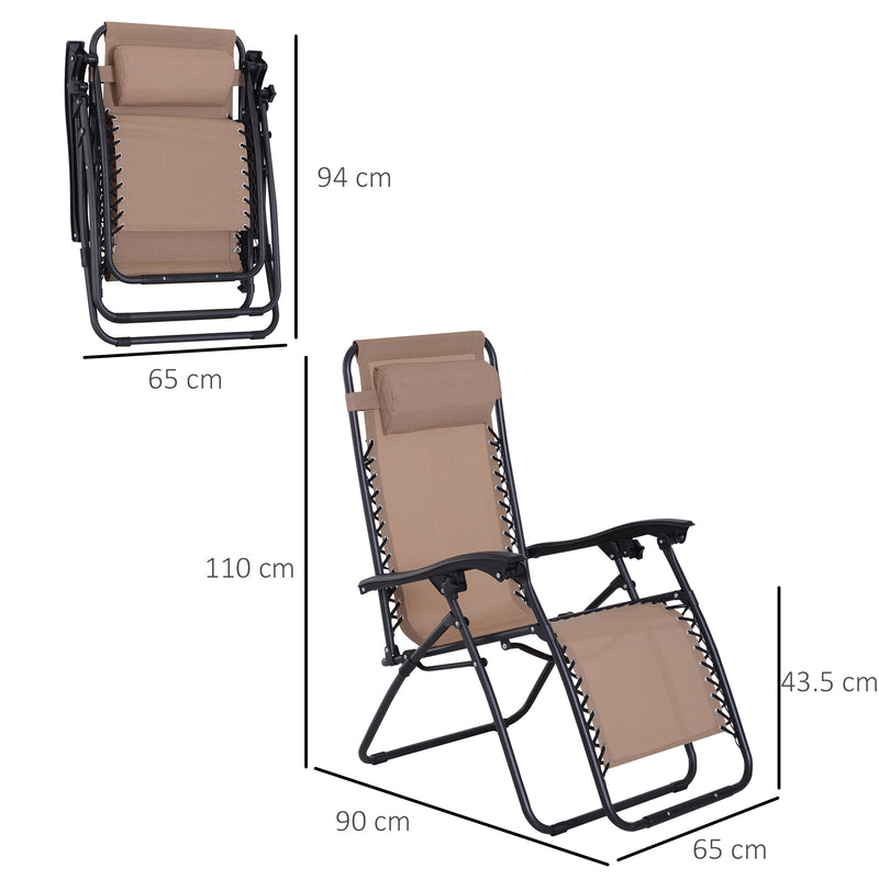 Set of 2 Zero Gravity Reclining Garden Chairs with Head Pillow for Outdoor Relaxing, Beige
