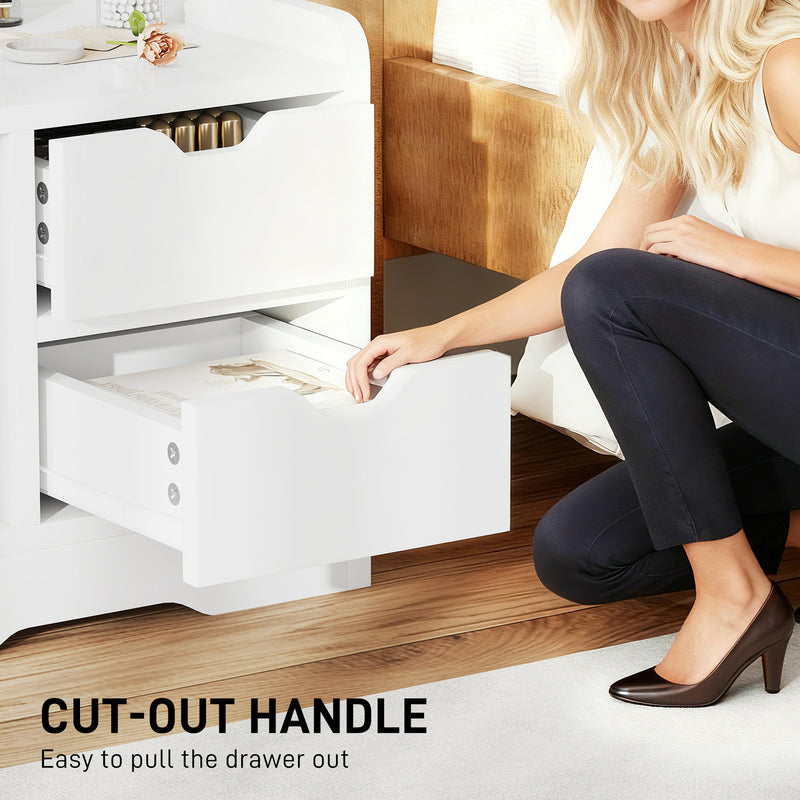 Modern Bedside Table with 2 Drawers and Open Storage Shelves for Bedroom White