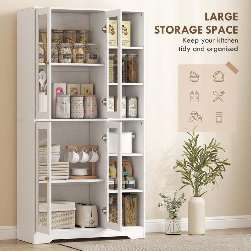 Multi Storage Kitchen Cabinet with Glass Doors and Shelves for Organised Cooking Space White