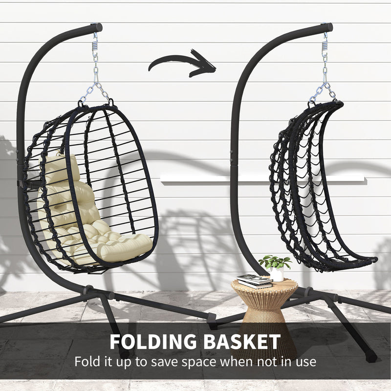 Cream Rattan Hanging Egg Chair with Cushion Pillow and Stand for Garden or Indoor Use by Outsunny