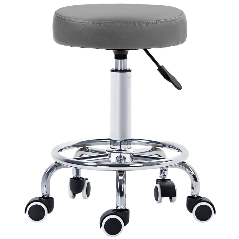 Height Adjustable Rolling Stool with PU Leather Seat and Wheels for Salon or Spa Use Grey