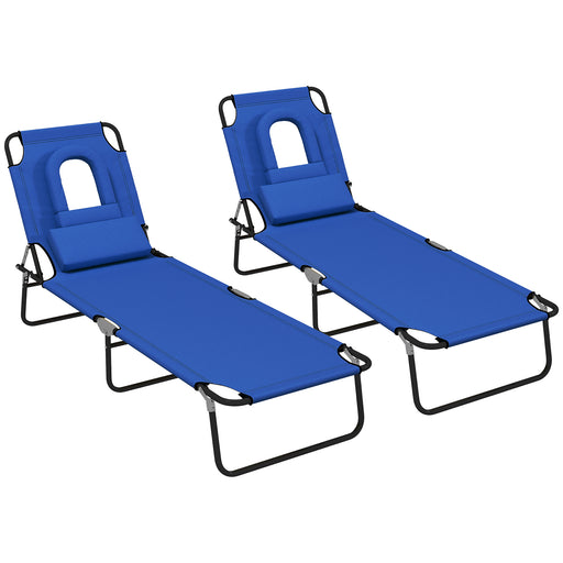 Blue Folding Sun Lounger Set of 2 with Adjustable Backrest and Face Hole for Garden Use