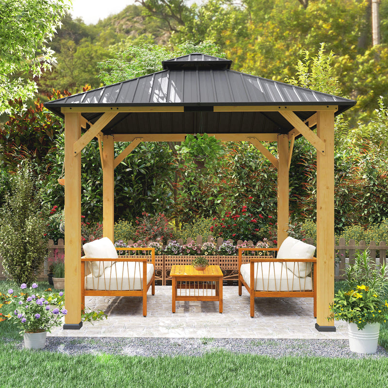 3x3M Hardtop Garden Gazebo with 2 Tier Steel Roof and Solid Wood Frame for Garden or Patio by Outsunny