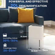 White 20L Dehumidifier with Touch Control for Home and Office by HOMCOM