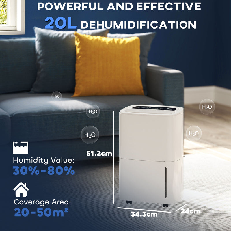 White 20L Dehumidifier with Touch Control for Home and Office by HOMCOM