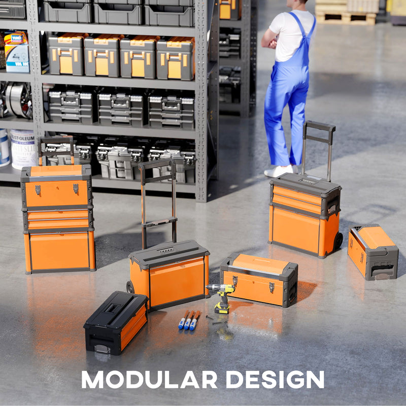 3 in 1 Stackable Rolling Tool Box Orange With Wheels For Easy Garage Organisation