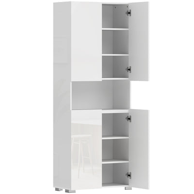 Tall Cupboard For Kitchen Storage with Adjustable Shelves and Soft Close Doors Modern White High Gloss 68x34x180cm Homcom