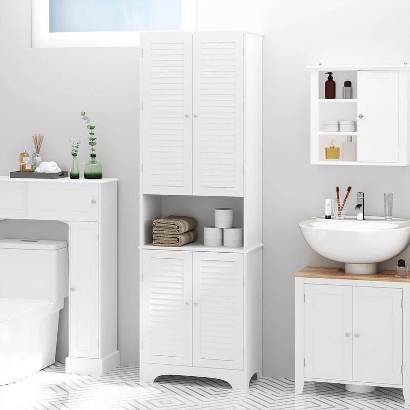 Tall White Freestanding Bathroom Floor Cabinet With Shutter Doors And 3 Storage Shelves