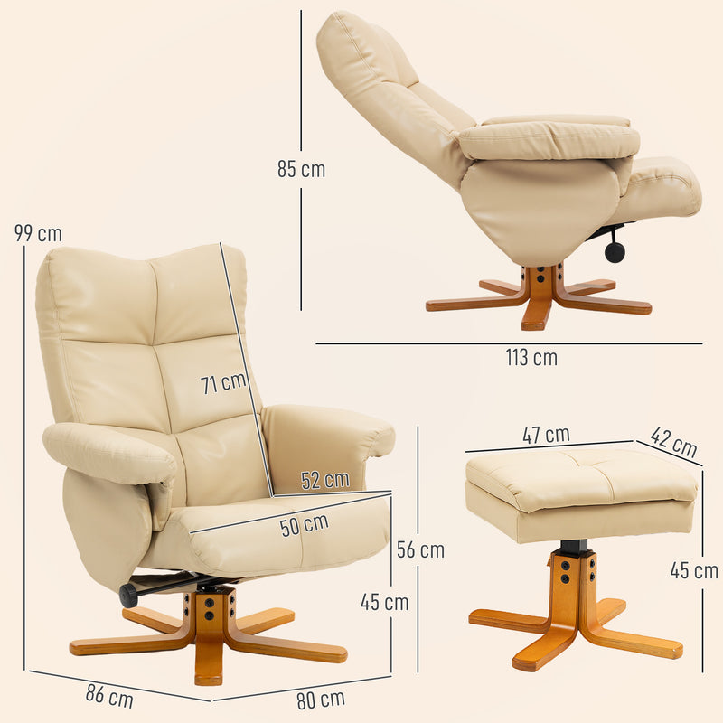 PU Leather Swivel Recliner Chair with Footstool and Storage for Lounge Comfort, Beige