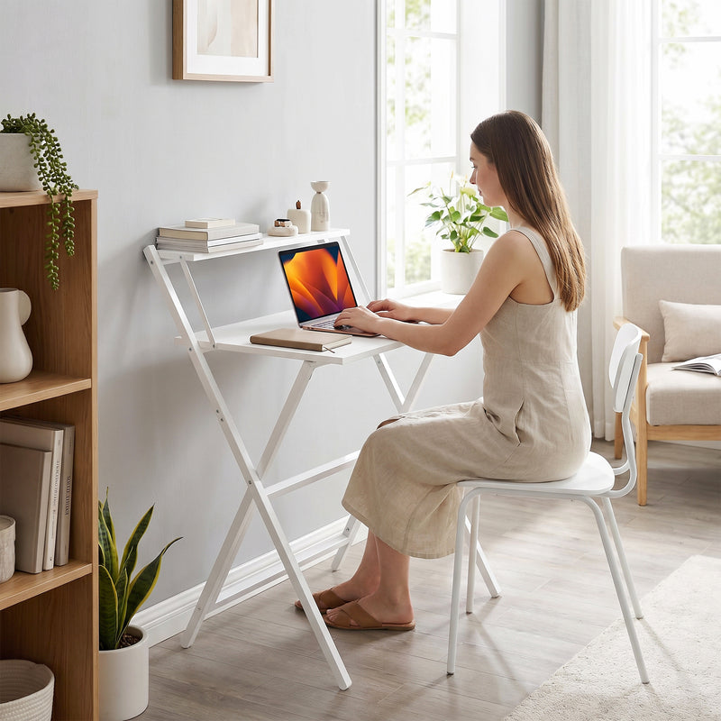 Folding Desk for Small Spaces with Monitor Shelf and Sturdy Steel Frame White
