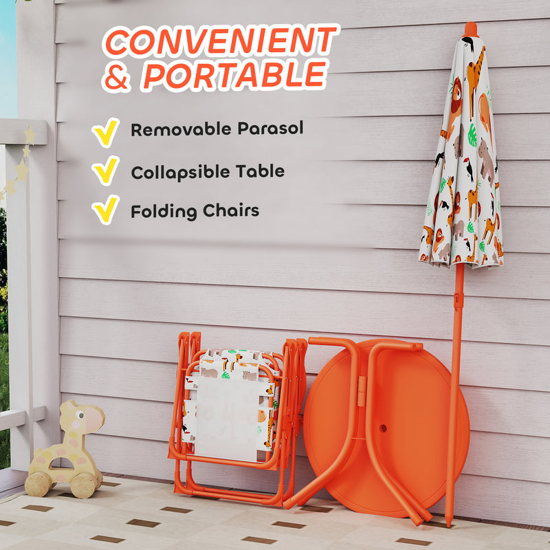 Kids Outdoor Picnic Table Set with Umbrella and 2 Folding Chairs for Garden Use Orange AOSOM