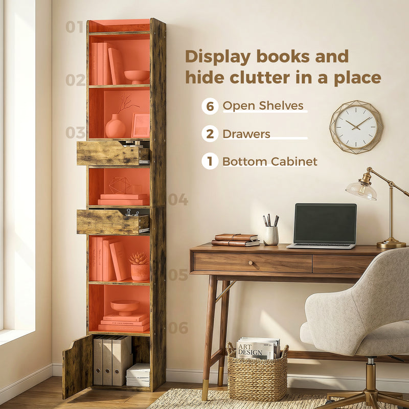 Slim Bookcase with Shelves Drawers and Cabinet for Small Spaces Rustic Brown