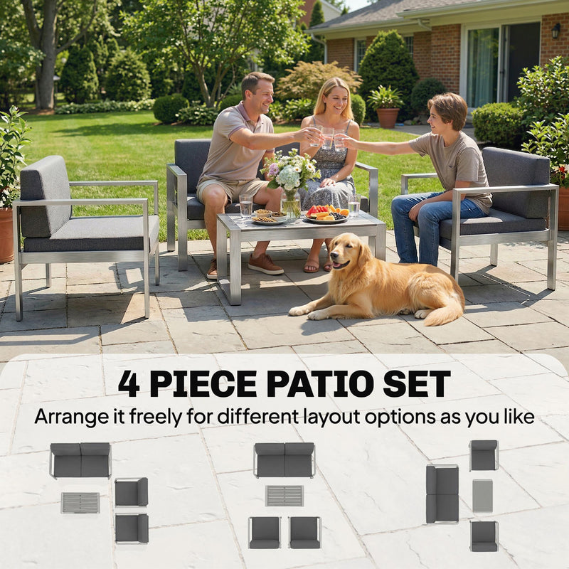 4-Piece Aluminium Garden Lounge Set with 10cm Deep Cushions and Wood-Effect Coffee Table, Dark Grey