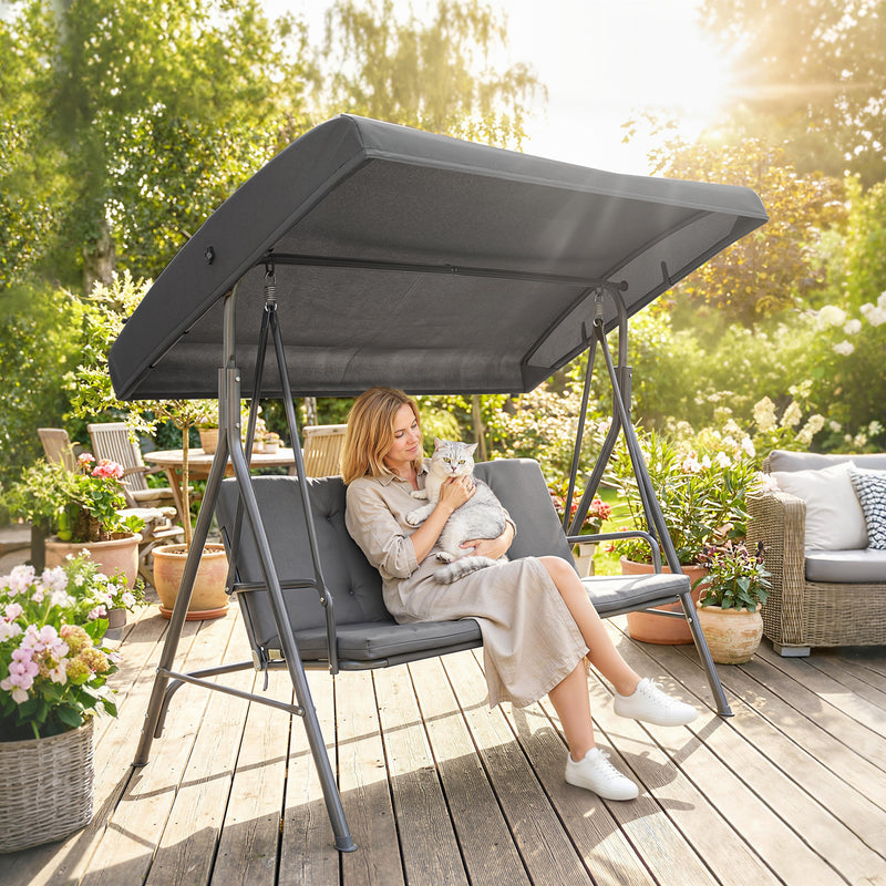 3 Seater Garden Swing Seat with Cushions and Adjustable Canopy for Outdoor Relaxing, Dark Grey