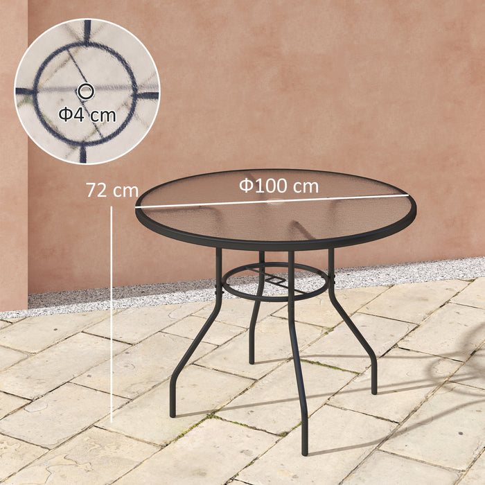 100 cm Round Garden Dining Table with Parasol Hole and Sturdy Tempered Glass Top Black by Outsunny