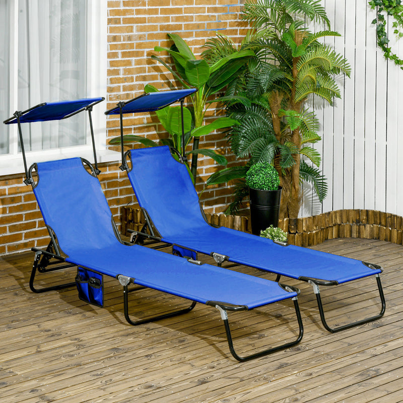 Set of Two Blue Folding Sun Loungers with Adjustable Backs and Sun Canopies by Outsunny