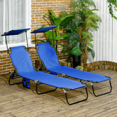 Set of Two Blue Folding Sun Loungers with Adjustable Backs and Sun Canopies by Outsunny