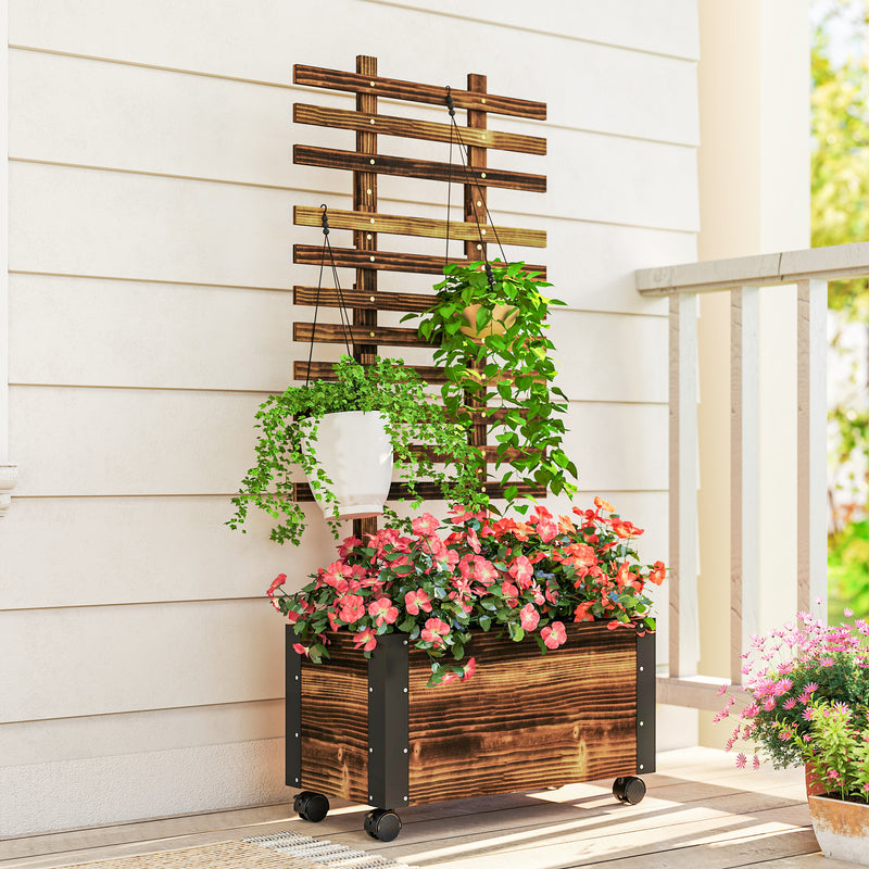 Wooden Raised Garden Bed With Trellis and Wheels for Outdoor Planting Greenhouse Brown Outsunny