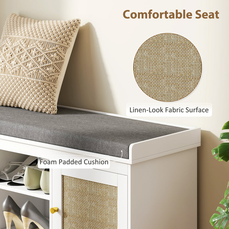 Boho Shoe Storage Bench With Padded Seat and Rattan Cabinet Doors Ideal for Hallway White 105x35x47cm