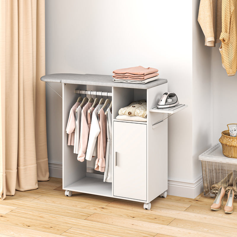 Rolling Ironing Board Cabinet with Storage and Lockable Wheels for Home Use White AOSOM