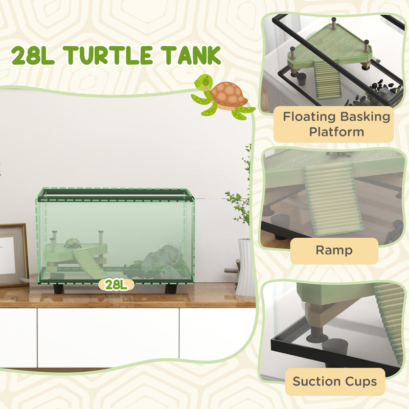 28L Glass Turtle Tank Aquarium with Basking Platform and Easy Drainage System, Black