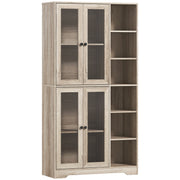 Multi Storage Kitchen Cabinet With Glass Doors And Adjustable Shelves For Home Use Grey