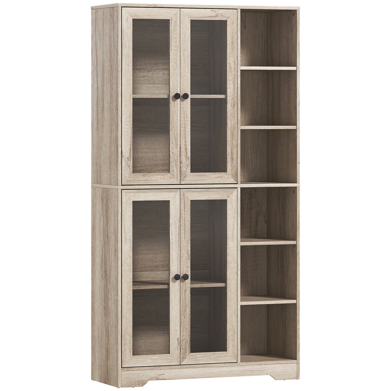 Multi Storage Kitchen Cabinet With Glass Doors And Adjustable Shelves For Home Use Grey