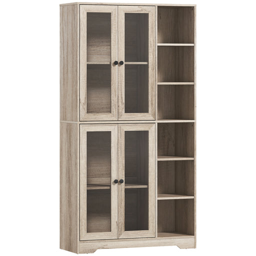 Multi Storage Kitchen Cabinet With Glass Doors And Adjustable Shelves For Home Use Grey