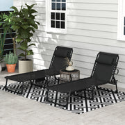 Black Folding Sun Lounger Set of 2 with Adjustable Backrest and Side Pocket for Garden