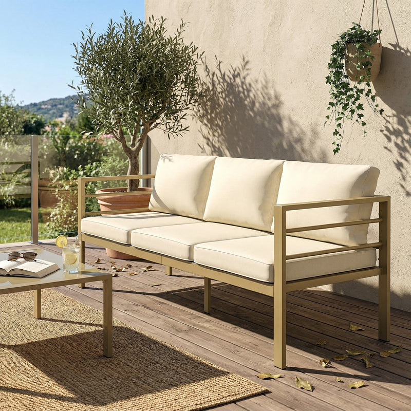 Outsunny Garden Bench with Cushions, 3-Seater Sofa with Backrest, Armrest and Back Cushions, 185 x 66 x 64cm, Cream White AOSOM