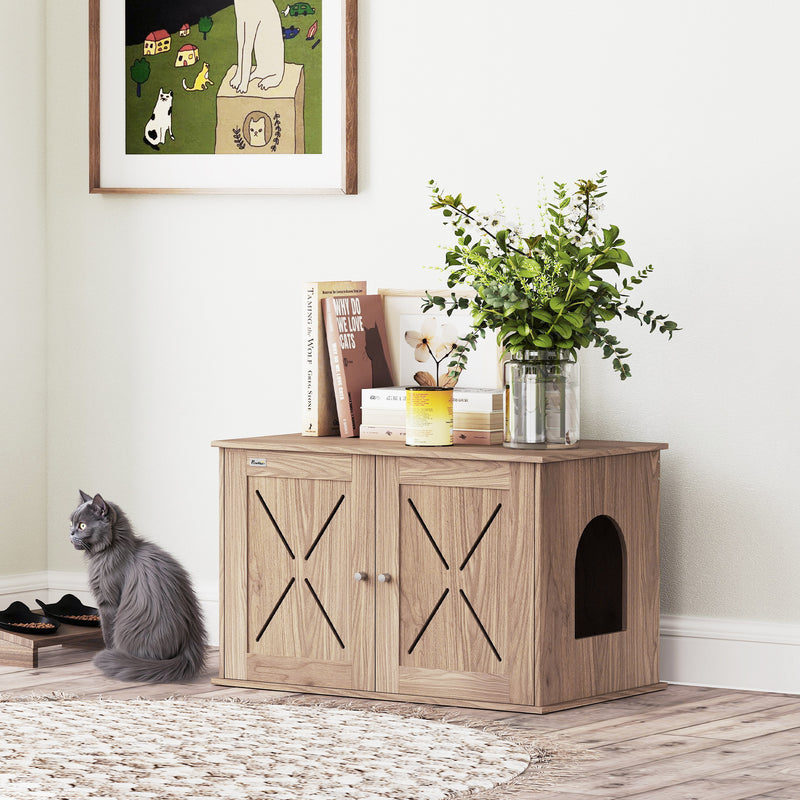 Walnut Brown Cat Litter Box Enclosure with Double Doors and Side Entrance by PawHut