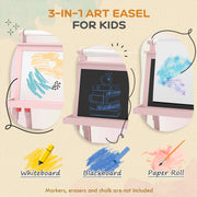 3 in 1 Kids Easel with Magnetic Whiteboard Chalkboard Paper Roll and Storage Baskets, Pink