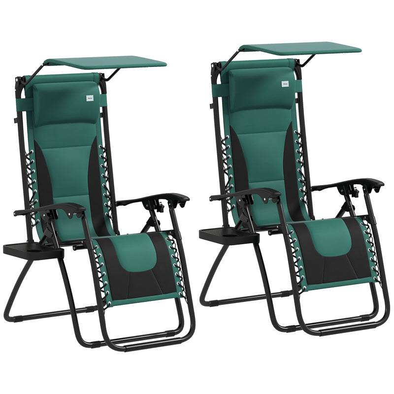 Set of 2 Green Zero Gravity Reclining Garden Chairs with Canopy and Cup Holder by Outsunny
