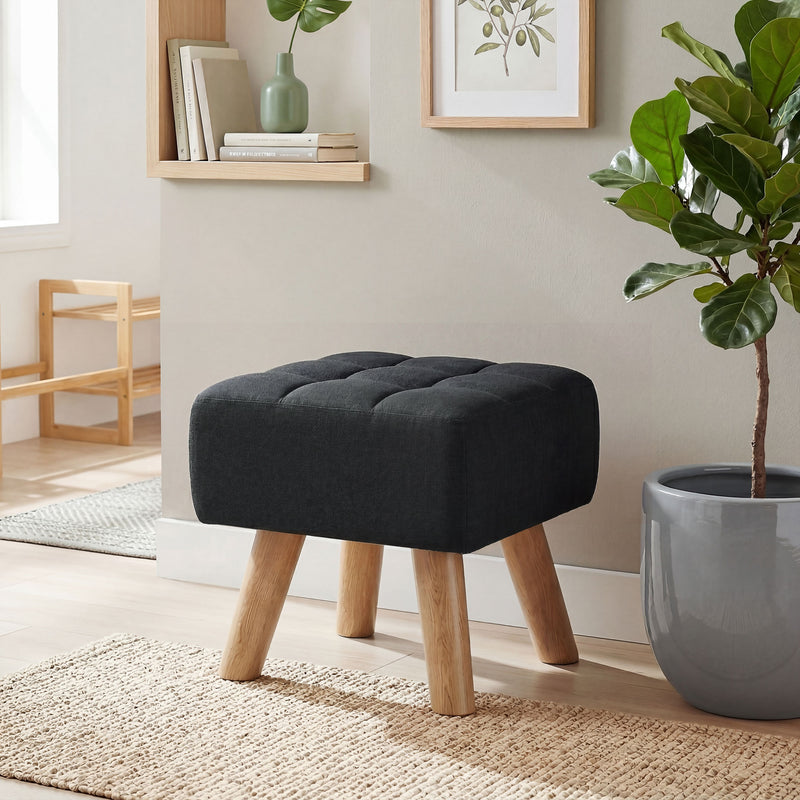 HOMCOM Linen-Look Square Padded Footstool - Black AOSOM