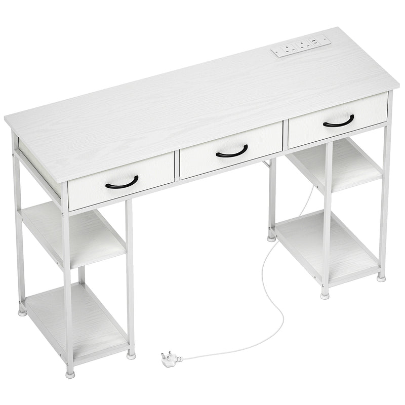 White 120cm Computer Desk with Power Outlets 3 Drawers and 4 Storage Shelves for Home Office