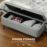 Linen Look Storage Ottoman Bench With Padded Seat And Hidden Compartment Light Grey