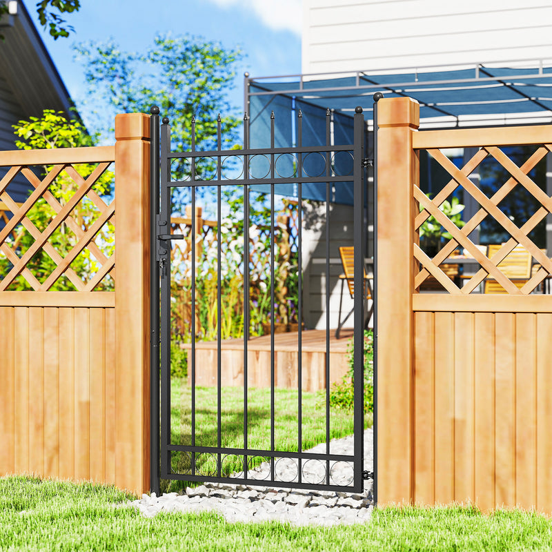 Black Galvanised Steel Garden Gate with Lock and Classic Finials 105 x 204 cm