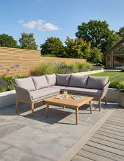 Sol 5 seater acacia wood corner garden sofa set with rattan weave and cushions